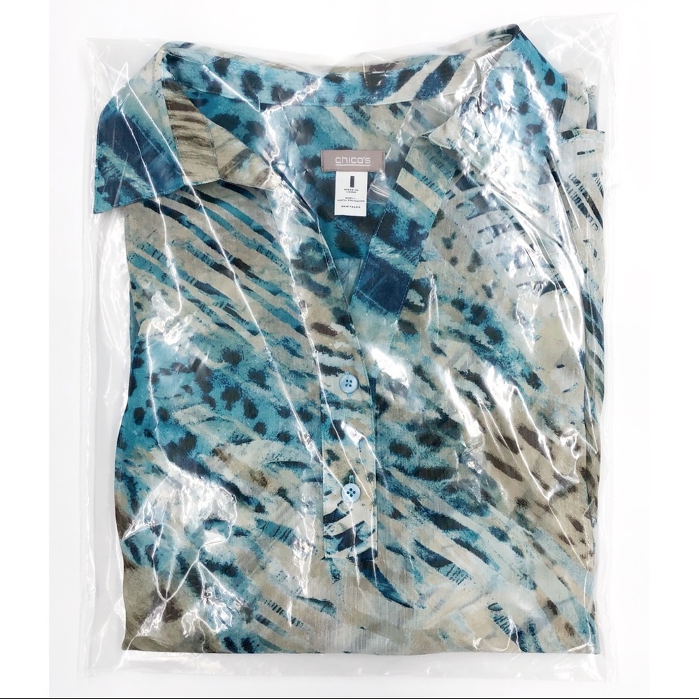 Chico's Blue Cream Animal Print Burnout Blouse - Picture 15 of 15